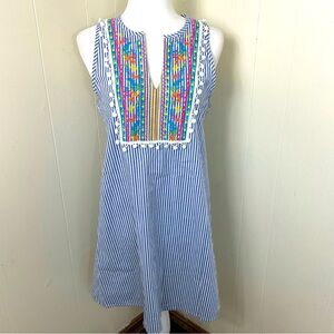Love Fire Lightweight Blue/White Stripe Sleeveless Embroidered Dress Size Medium